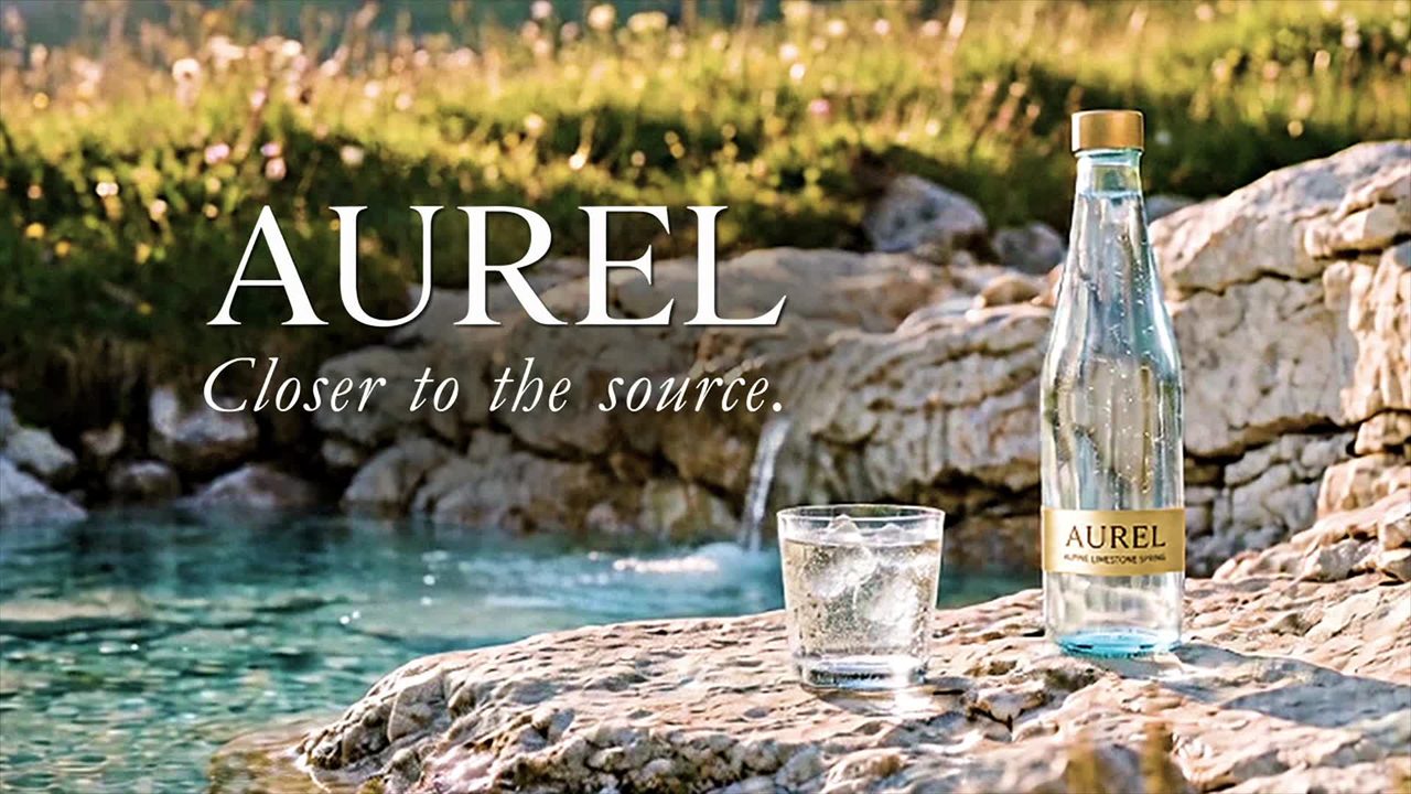 End card: the bottle by a mountain spring with the AUREL logo and tagline