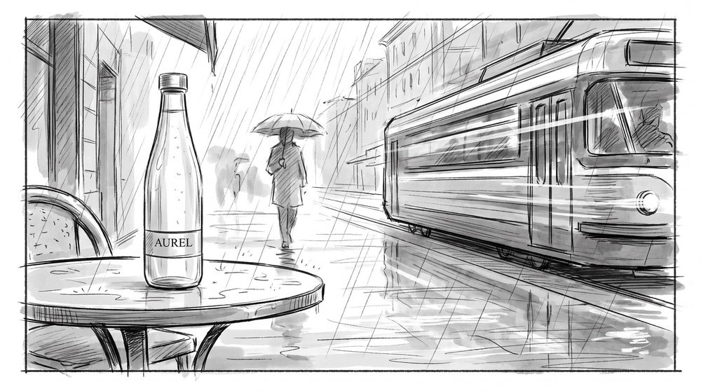 AUREL pencil storyboard of the bottle on a café table