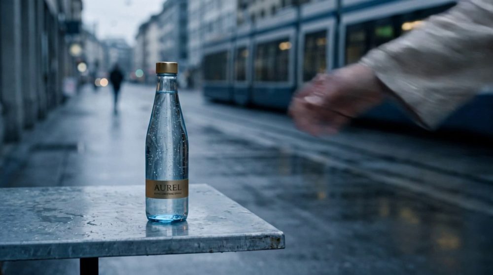 A hand reaches for the AUREL bottle on a rainy city street