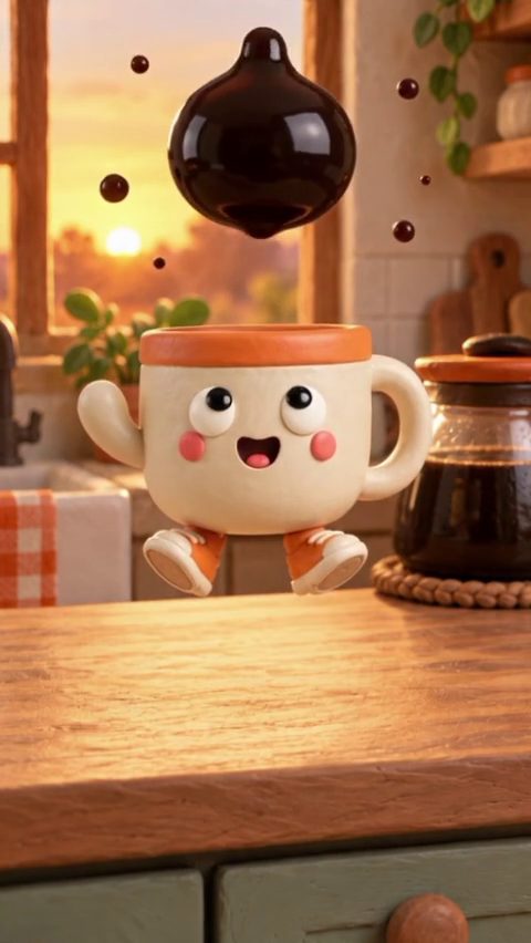 The mug jumps for joy as its coffee flies up in one glossy blob