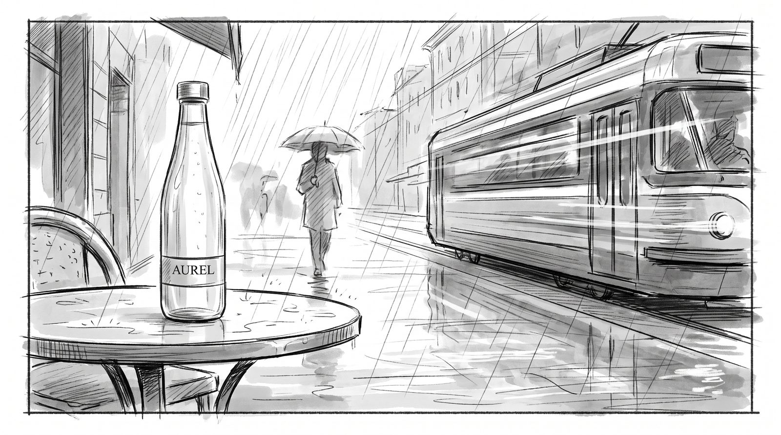 Storyboard of the bottle on a café table in the rain