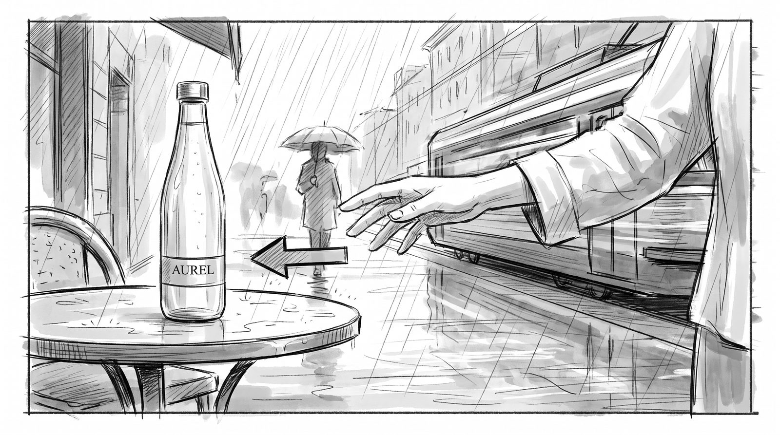 Storyboard: a hand reaches toward the bottle, with an arrow showing the motion