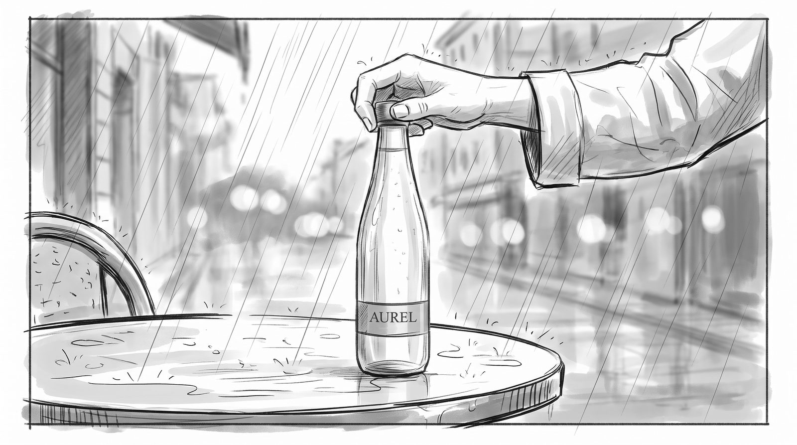 Storyboard: the hand lifts the bottle off the table