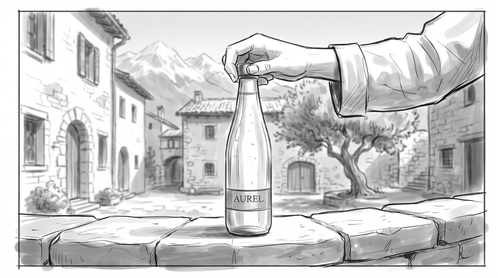 Storyboard of a hand on the bottle in an Alpine village