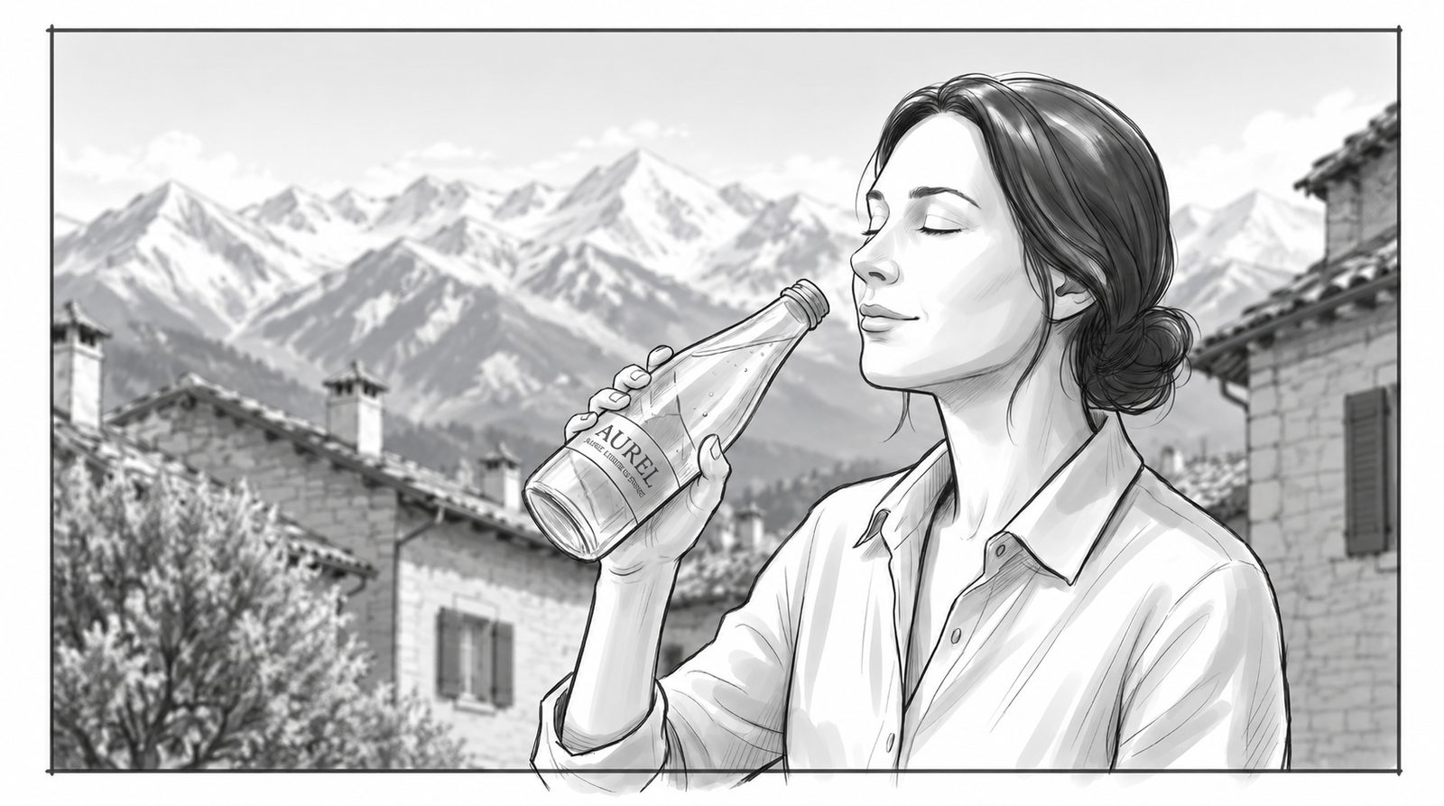 Storyboard: the woman lowers the bottle, eyes closed, smiling