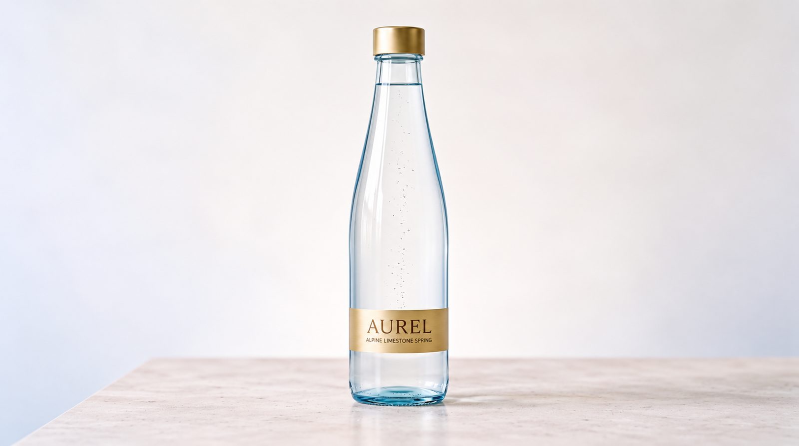 The locked AUREL bottle master: clear glass, gold screw cap and gold label