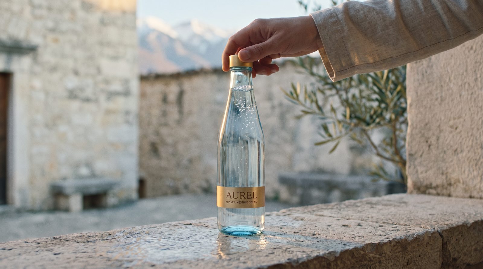 Style frame: a hand on the bottle cap on a sunny stone wall in a village