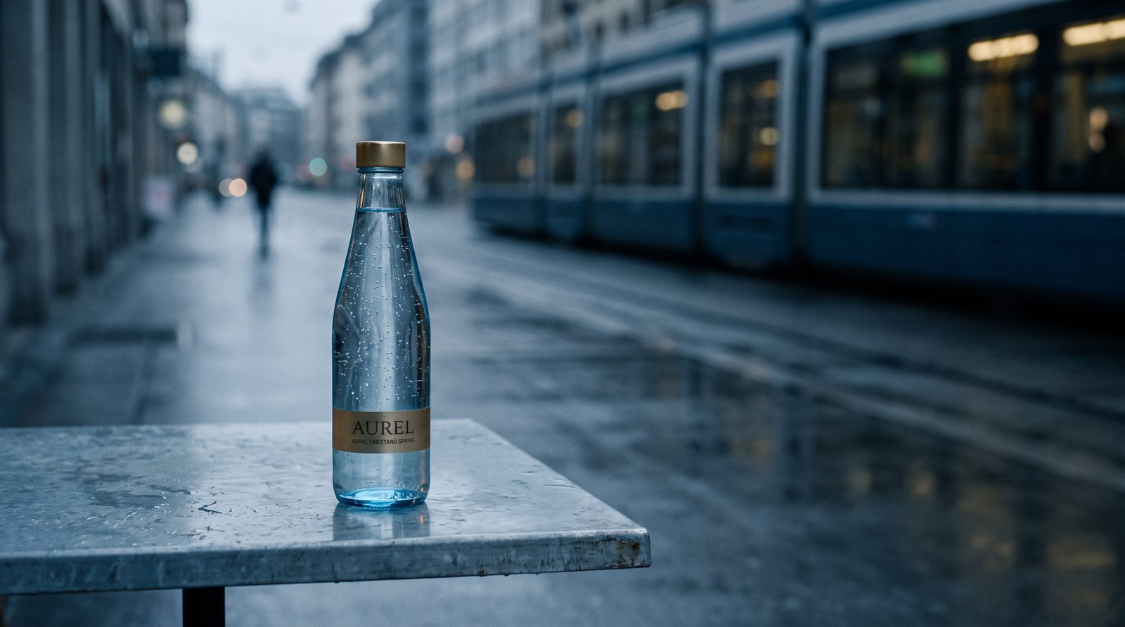 Style frame: the AUREL bottle on a wet stone table as a blue tram passes