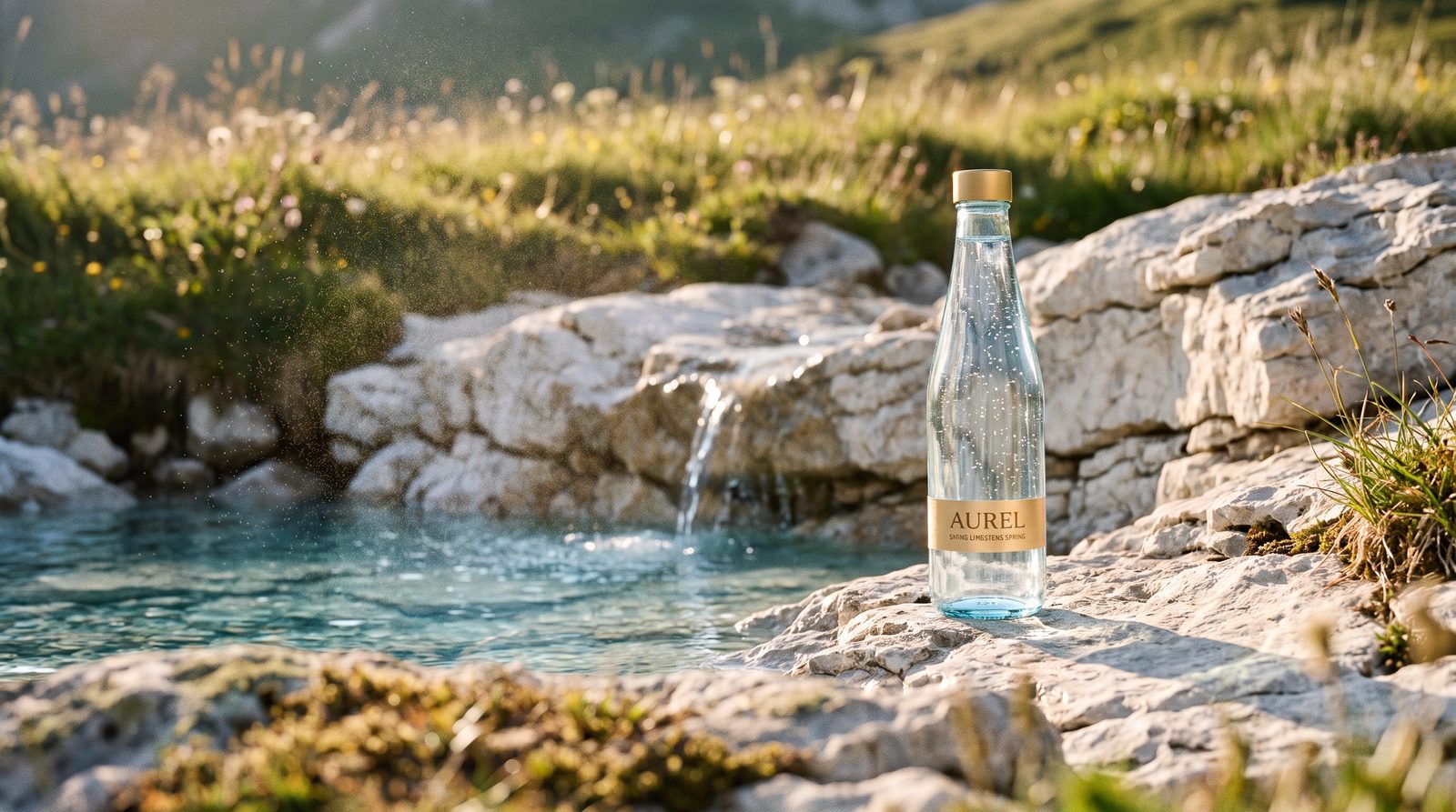 Style frame: the bottle on white rocks beside a clear mountain spring