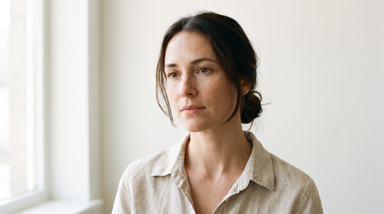 The locked actor reference: a woman in her 30s in a linen shirt by a window