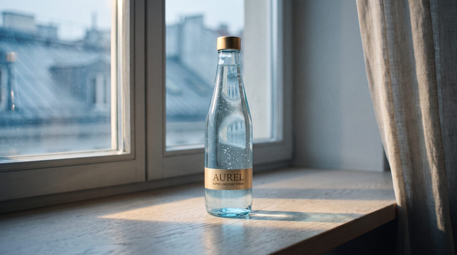 Style frame: the AUREL bottle on a sunlit window ledge above city rooftops
