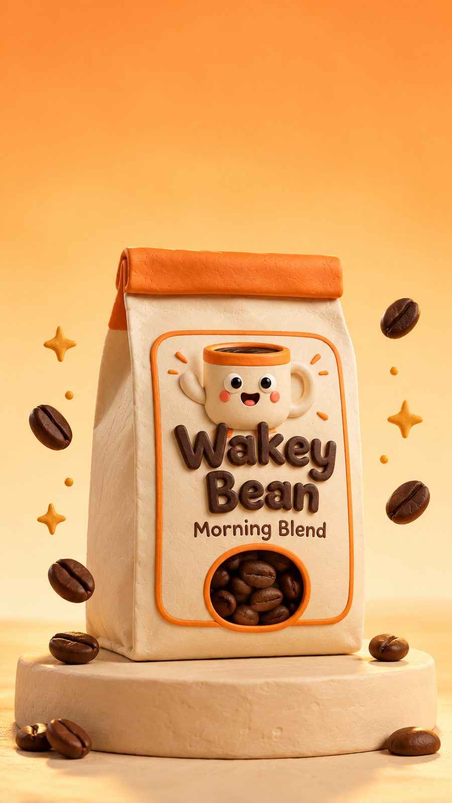 AI-generated clay coffee bag on a pedestal