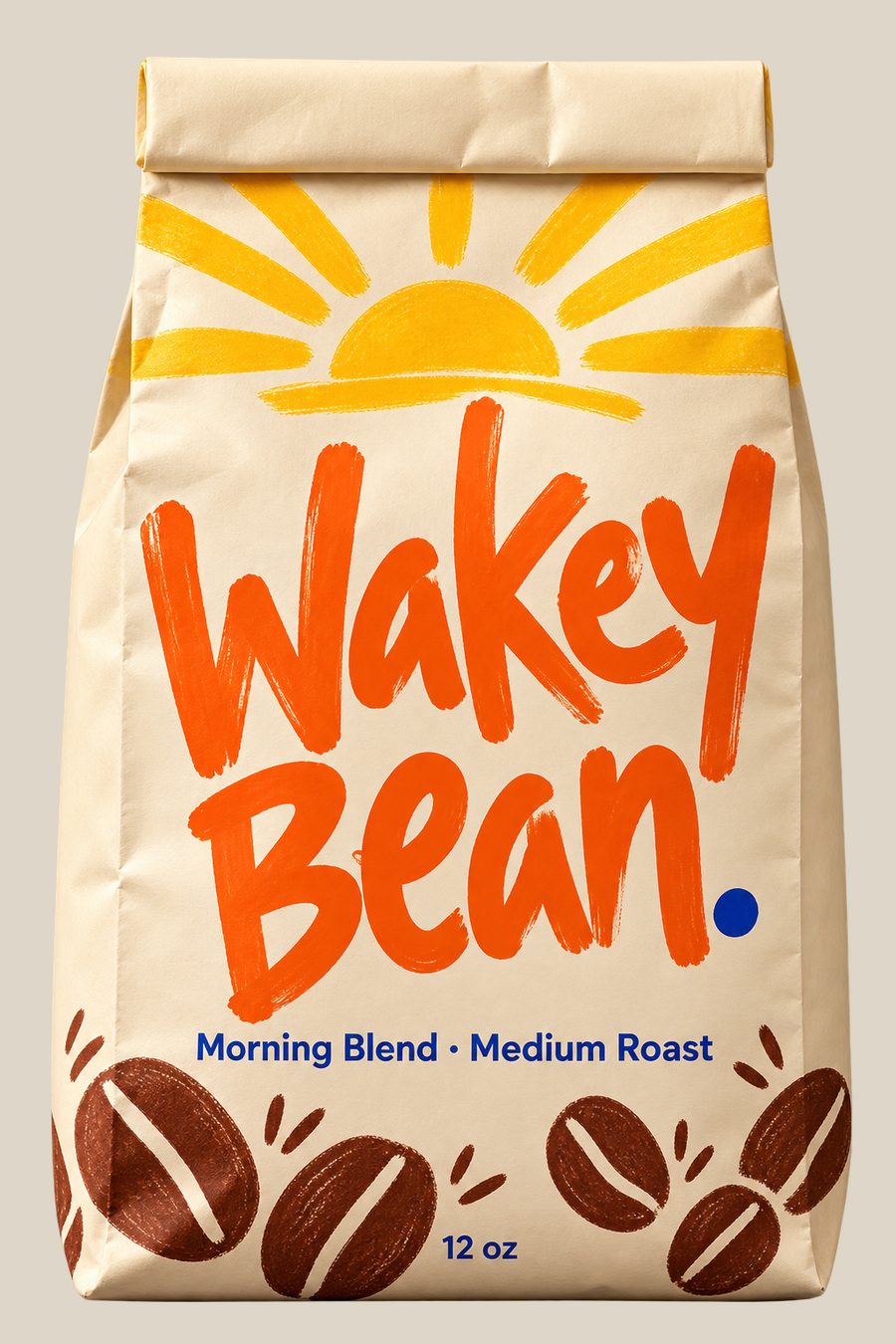 The final Wakey Bean bag with orange marker lettering and a sunrise