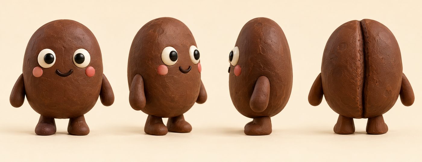 Clay coffee bean character turnaround, round one