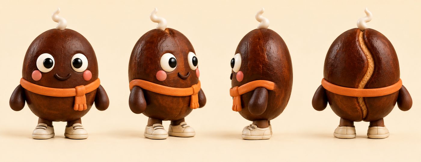 Clay coffee bean character with steam, scarf and sneakers, round two