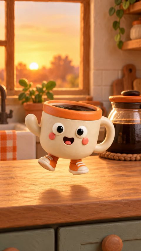 First frame of clip 2: mug mid-jump, carafe on its coaster