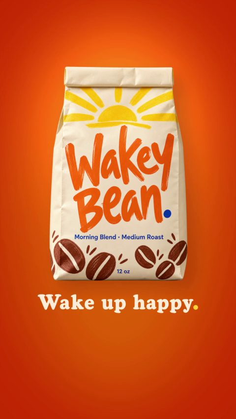 End card: the Wakey Bean coffee bag on orange with the line Wake up happy