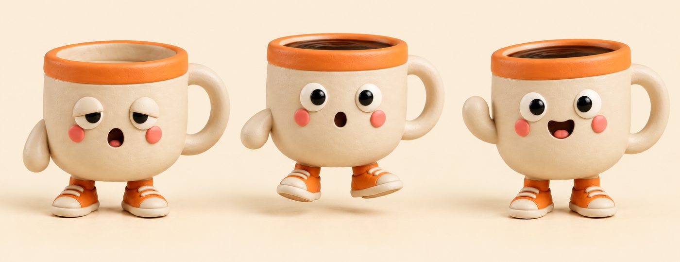 Three expressions: sleepy and empty, surprised mid-hop, happy and waving