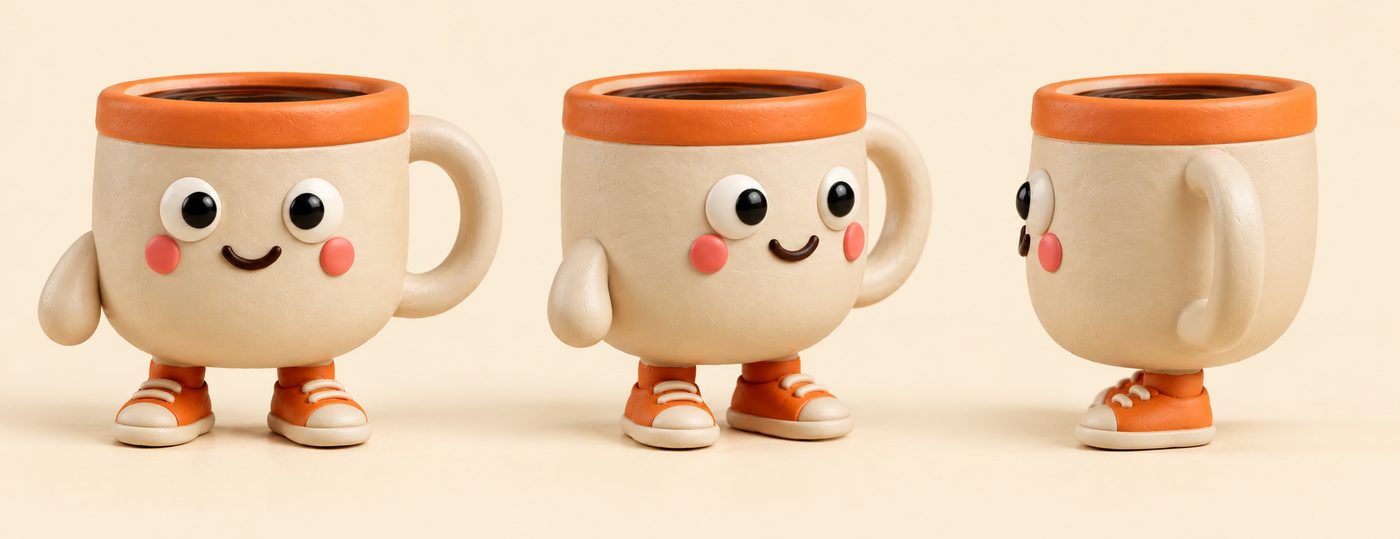 Clay coffee mug mascot turnaround: front, three-quarter and side