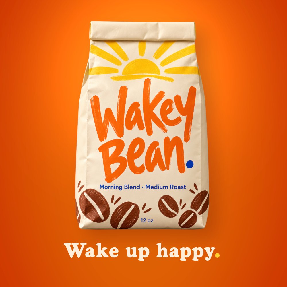 Instagram post: the Wakey Bean coffee bag on orange with the line Wake up happy