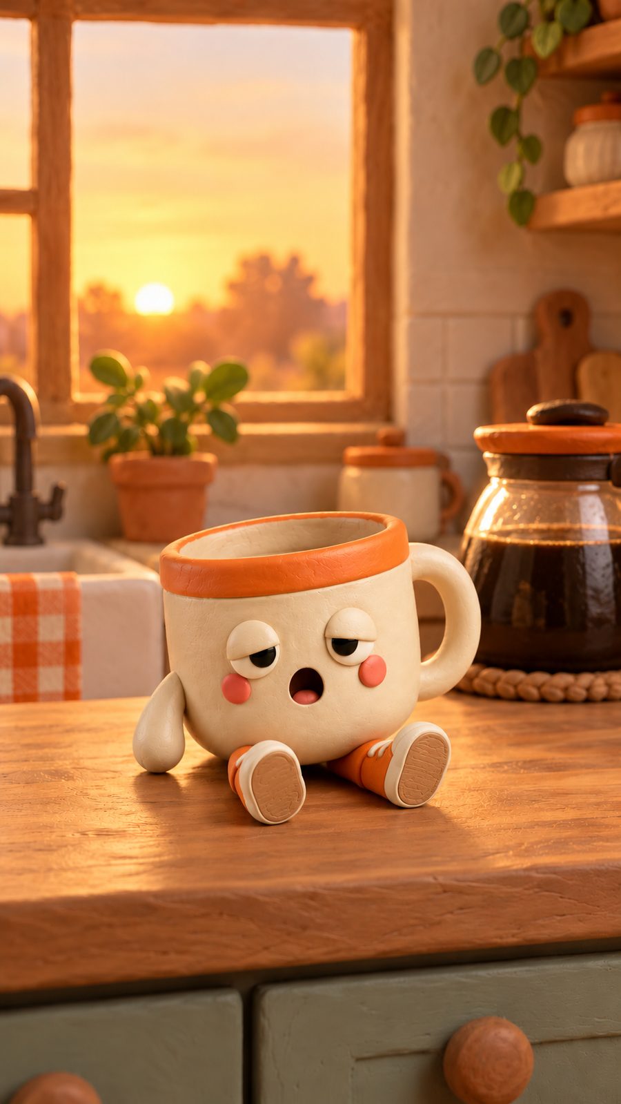 Sleepy empty clay mug slumped on a kitchen counter at sunrise