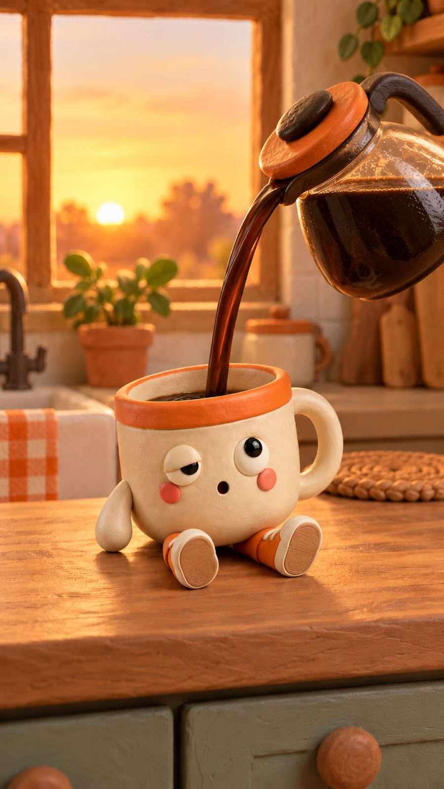 Style frame 2: the carafe floats up and pours coffee into the mug