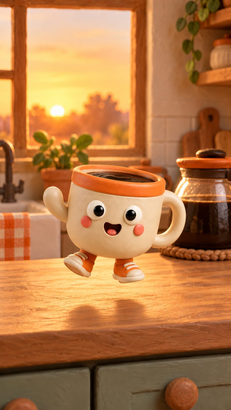 Style frame 3: the full mug jumping for joy above the counter
